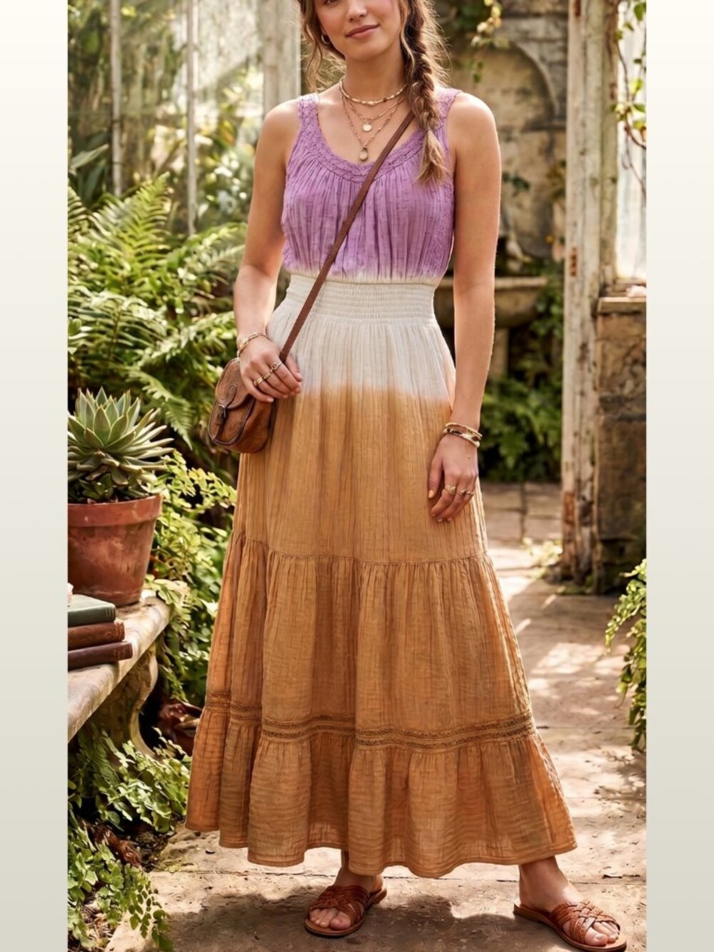 Purple Gold Ombre Sleeveless Crinkle Cotton Tiered Maxi Dress M Boho Fairycore